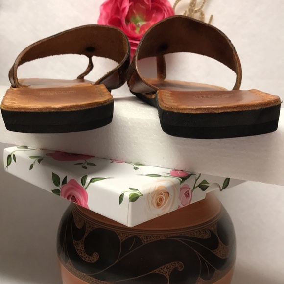 Boho Mexican LEATHER Shoe Sandals Brown Aztec Beach hippie tooled design  size 9 - Picture 5 of 13